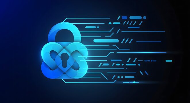 Digital security and data protection concept with padlock icon moving fast across a dark blue technological background.