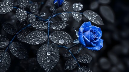 Blue rose flower with elegant and romantic style with dewdrops