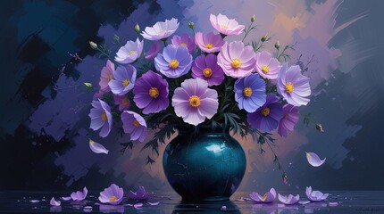 Purple and pink cosmos in teal vase, impressionistic oil painting. Moody indigo and charcoal background with splatters. High contrast, romantic, fine art. Wallart.