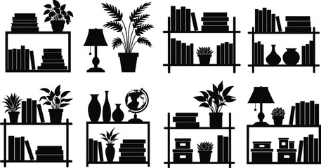 Silhouette Bookshelves With Plants And Lamps Vector Set illustration icon