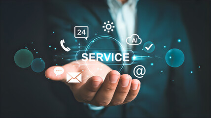 Fototapeta premium Hand presenting 'SERVICE' text with glowing digital icons, representing modern customer support, technological solutions, and comprehensive business assistance
