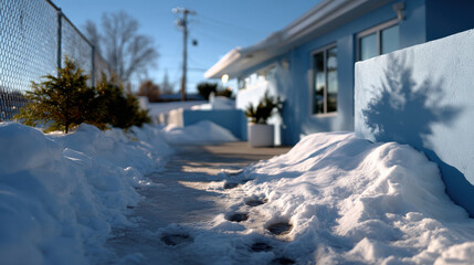 Fototapeta premium A picturesque snowy pathway leads to a charming blue building, showcasing a peaceful winter landscape filled with soft snow and crisp light, inviting a sense of calmness and wonder.