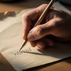 A person's hand holding a pencil, writing the word "Worked" on a vintage piece of paper, illuminated by natural light.