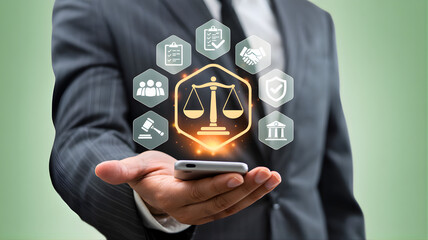 Legal tech concept of justice and law in the digital age, visualized by a hand holding a smartphone with icons