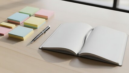 Open blank notebook with colorful sticky notes and black pen on light wooden office desk