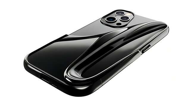 Sleek, glossy black phone case featuring a curved, elevated design element on its side and top. Three camera lenses are visible