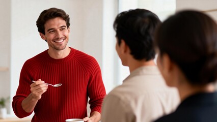 Man in red sweater holding spoon with cup