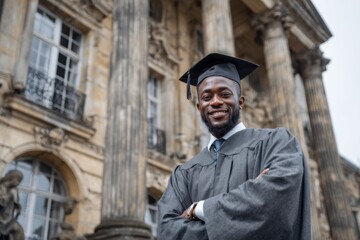 Proud male student graduates in front of a historic building celebrating academic achievement and looking towards a bright future