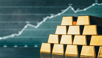 Stack of gold bars in front of a financial graph showing an upward trend