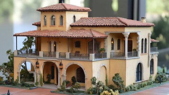 Miniature model of a mediterranean revival style villa with detailed architecture.