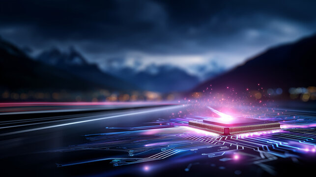 Futuristic circuit board with glowing purple and blue lights, mountain silhouette background, digital technology concept, bokeh effect and light trails defocused, with copy space - Powered by Adobe