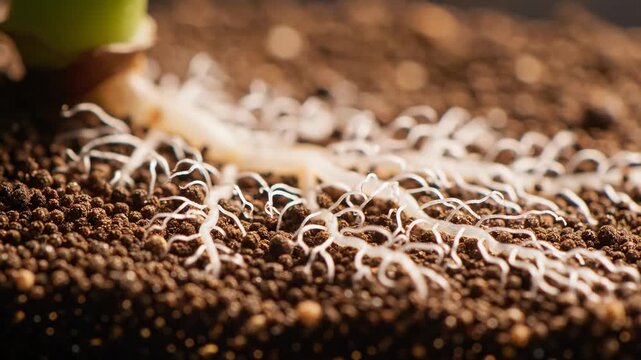 Extreme slow-motion close-up showing fine delicate root hairs microscopically emerging and extending across a bed of fine nutrient substrate slow-motion, research, biology