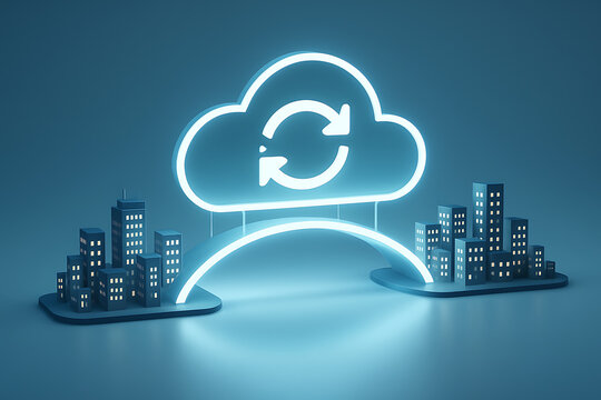 Digital cloud synchronization icon on a glowing bridge connecting two smart cities representing data transfer and seamless communication between urban hubs in the modern world - Powered by Adobe