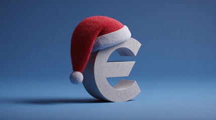 Festive finance! A concrete currency symbol playfully dons a red Christmas hat against a blue backdrop, blending holiday cheer with economic concepts. Celebratory savings!