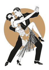 Elegant couple dancing tango in vintage style illustration isolated on white background