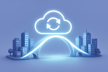Glowing cloud with sync symbol over a digital bridge linking two urban landscapes showcasing advanced technology and cloud computing solutions for efficient smart city infrastructure