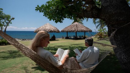 Relaxing Couple Reading Books in Tropical Beachside Garden Under Shade