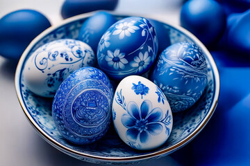 Blau-Weisse Ostereier im Stil chinesischer Blaumalerei bemalt 