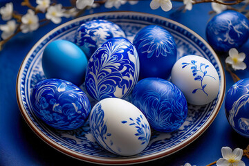 Blau-Weisse Ostereier im Stil chinesischer Blaumalerei bemalt 