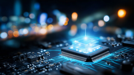 Glowing blue microprocessor on circuit board, futuristic light effects close-up, advanced computing technology, digital innovation showcase, defocused electronics, with copy space