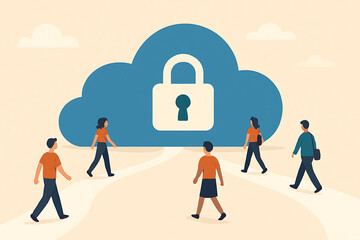 Group of diverse people walking toward a massive cloud storage icon with a padlock representing shared security and collective data protection in the digital environment