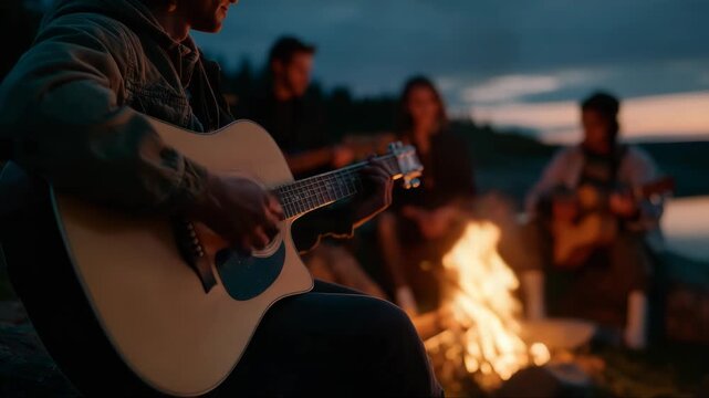 Outdoor sunset campfire gathering with acoustic guitar playing and friends