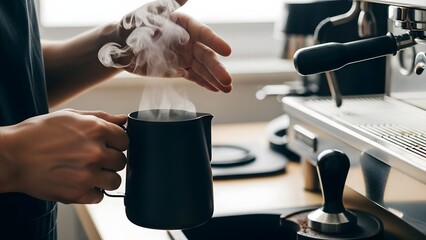 Barista Steaming Milk for Coffee in a Modern Cafe.