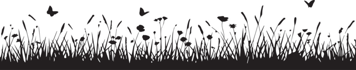 butterfly grass wildflower silhouette border vector floral scene print