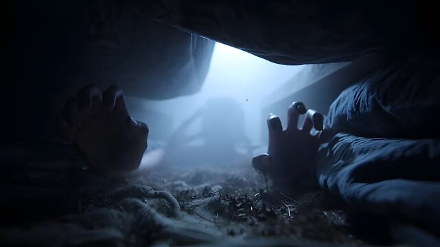 Mysterious hand reaching out from under a dimly lit bed