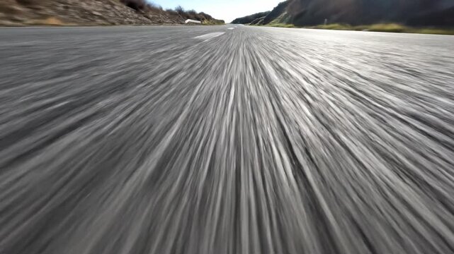 Extreme speed low angle ground perspective shot blurring past rough asphalt road suggesting rapid movement and velocity training, forward progress, shot blurring past