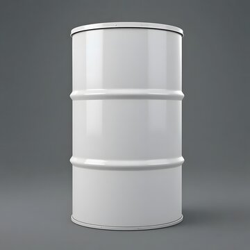 Glossy white industrial metal barrel or drum for liquid storage on a simple grey backdrop. 55 gallon