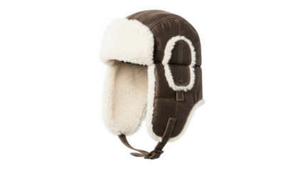 Brown leather aviator hat with white sherpa lining and ear flaps trapper hat winter hat