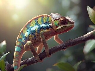 Obraz premium Colorful Chameleon on Branch in Vibrant Natural Lighting with Soft Focus for Wildlife Photography