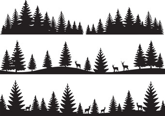 forest layered woodland silhouettes three horizontal panels with deer