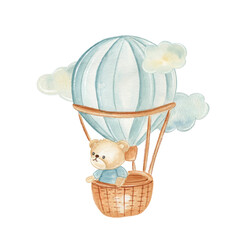 A bear sits in a hot air balloon, wearing a scarf and aviator goggles. The bear holds a calm expression as it floats in the air on a sunny day, ready for an adventure. © NATALIA
