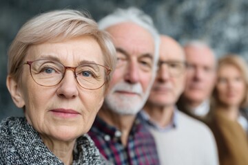 Group of senior people standing in a row against a blurred background during a casual gathering in a cozy setting