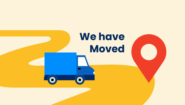 We have moved announcement design featuring a delivery truck and location pin icon
