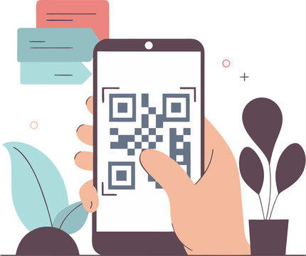 Hand using smartphone scanning QR code digital communication flat illustration