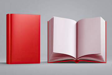 Realistic red books. 3d hardback or paperback book mockup, open and closed hardcover booklet with empty pages volume notebook isolated encyclopedia set exact vector illustration of book cover page 