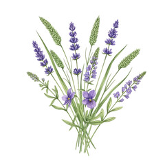 Naklejka premium Vibrant Lavender Bouquet Botanical Illustration Pale Thistles Greenery Fresh Natural Arrangement Watercolor Digital Art.png