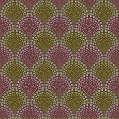 A seamless Art Deco pattern featuring fan-shaped scales filled with metallic silver dots of varying sizes on a dual-tone olive and burgundy background. © Bunchana