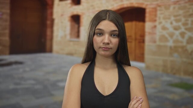 Caucasian woman wearing black top touches neck while standing on cobblestone street in old town; quiet confidence.