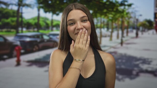 Teenage girl wearing black tank top and bracelets covers mouth with hand on sunny city street; surprise joy.