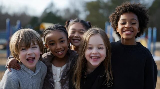 Joyful diverse kids outdoor group smiling fun playground happiness