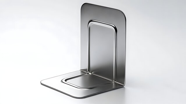 Sleek, metallic bookend with a right-angle design. Features a rectangular indent and rounded corners. Light reflects off smooth surface