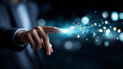 Hand pointing at futuristic digital interface faceless, glowing blue elements against dark background, modern technology interaction, data control demonstration, defocused lights, 