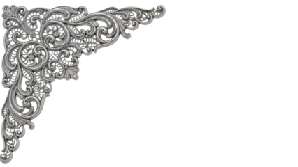 Ornate silver corner flourish with intricate scrollwork and floral motifs on black background image