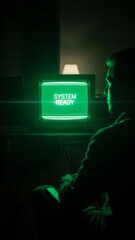 Retro Monitor Displaying System Ready Vintage Technology Green Screen Dark Room. Concept featuring retro, monitor, system ready, vintage technology, green screen.