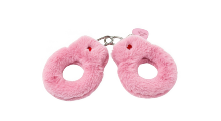 Pink fuzzy heart shaped handcuffs with be mine candy charm image