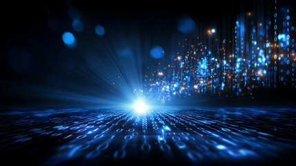 Glowing light at end of digital tunnel, binary code pattern and blue technology elements, futuristic cyber pathway, dark space, defocused code streams, with copy space